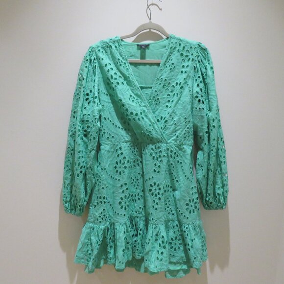 KAREN MILLEN Cotton Broderie Wrap Mini Dress in Mint Green Feminine Preppy Sz 8 - Picture 2 of 14